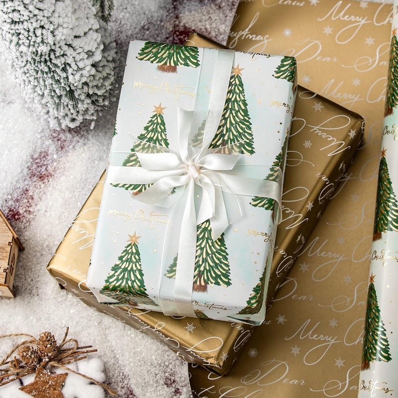 Retrify Reversible Christmas Wrapping Paper - Green Christmas Tree Design Metallic Gold Foil Shine Gift Wrap Paper for Holiday Shower Party Celebration - 17 Inch x 32.8 Feet Mini Roll - Image 5